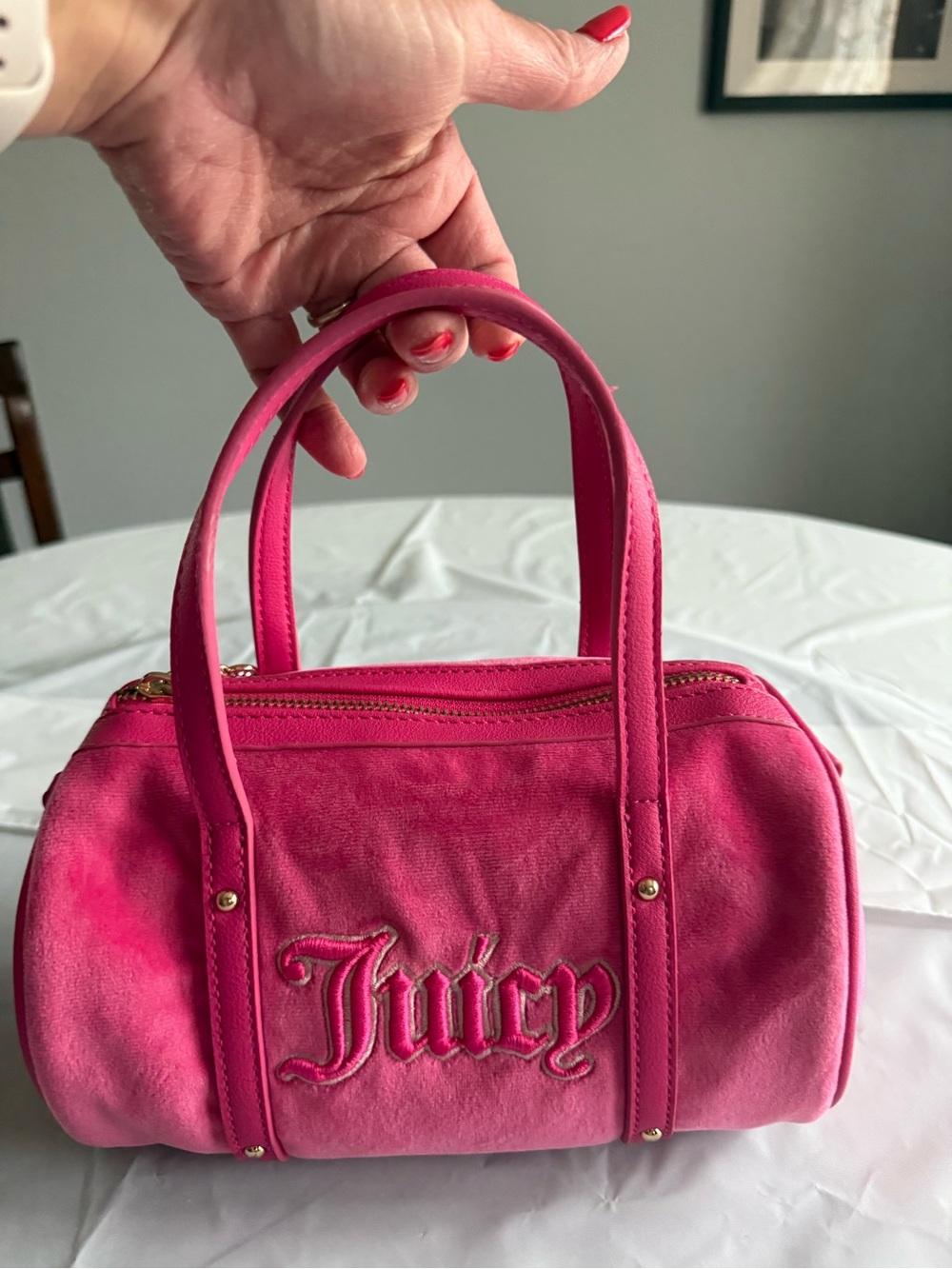 Juicy Couture Pink Velour Mini Barrel Bag Y2K Crossbody - Picture 2 of 15